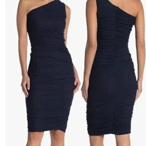 Love By Design Dress Women's Large NWT One Shoulder Ruched Navy Blue Nordstrom